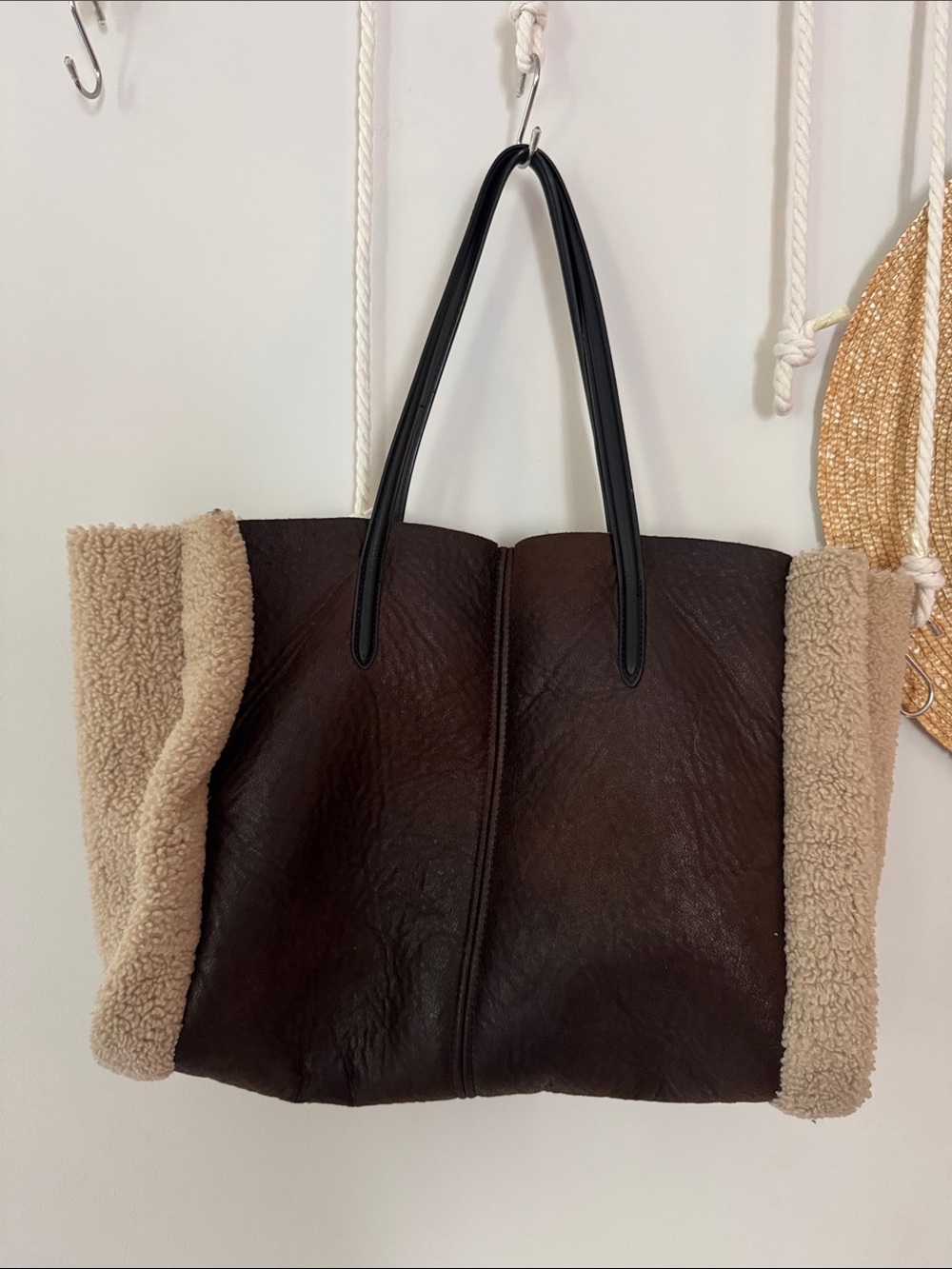 Shearling-Trim Dark Brown Tote Bag